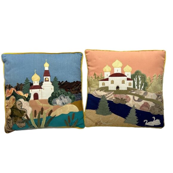 Vintage Hand Appliqued Decorative Pillows 13"‎ X 13" - Picture 1 of 8